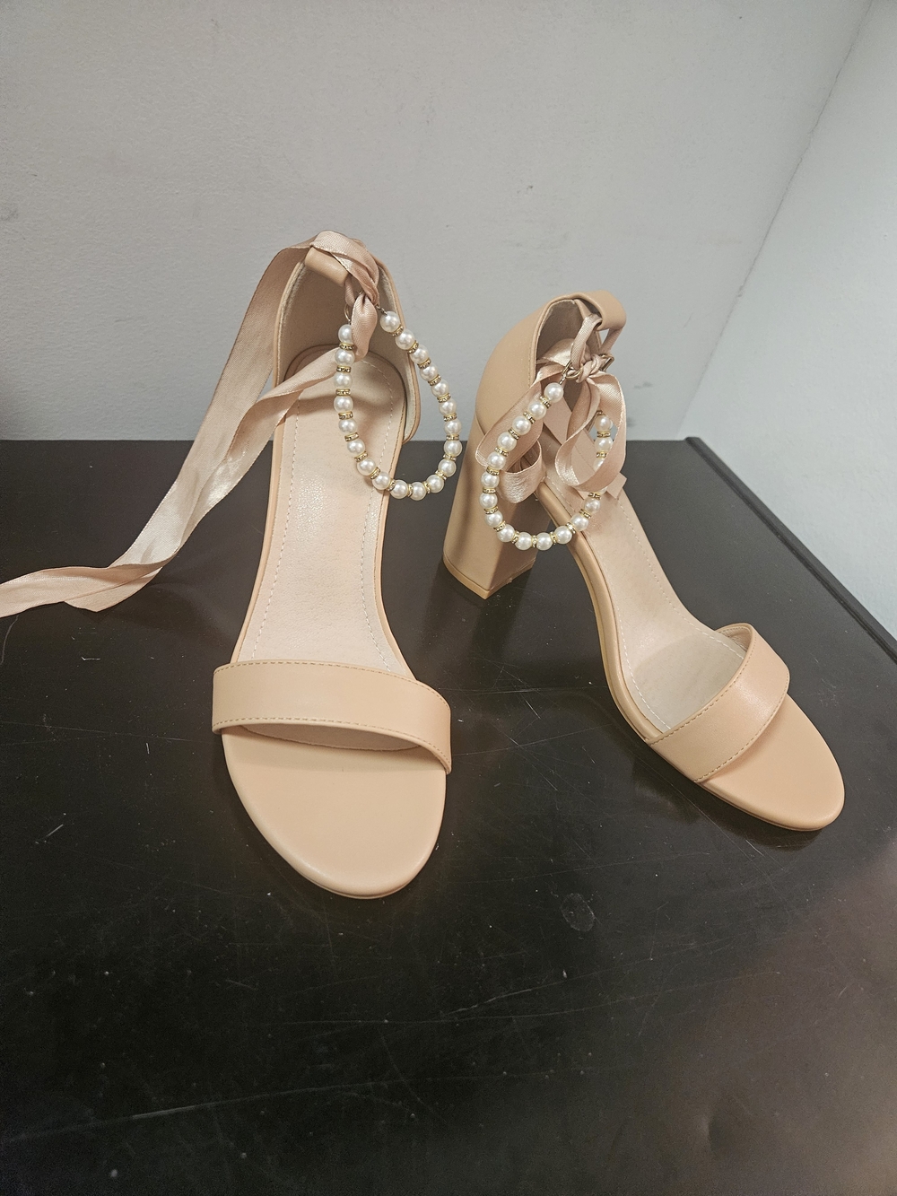 Pearl-Ankle Block Heel Sandals in Nude (Size 7 38) New